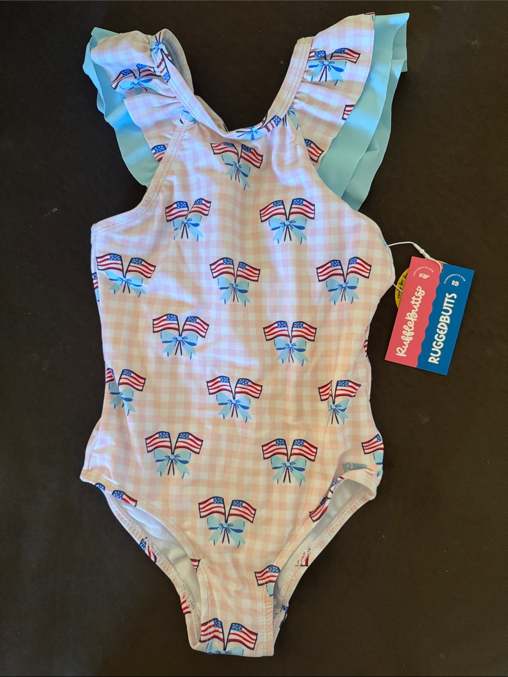 Ruffle Butts Pink Gingham One-Piece Swimsuit with Light Blue Ruffle Straps